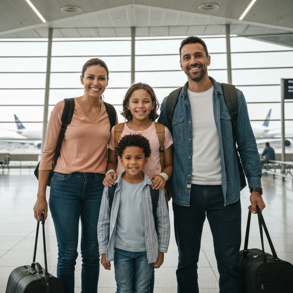 Família feliz em aeroporto iniciando nova vida no exterior
